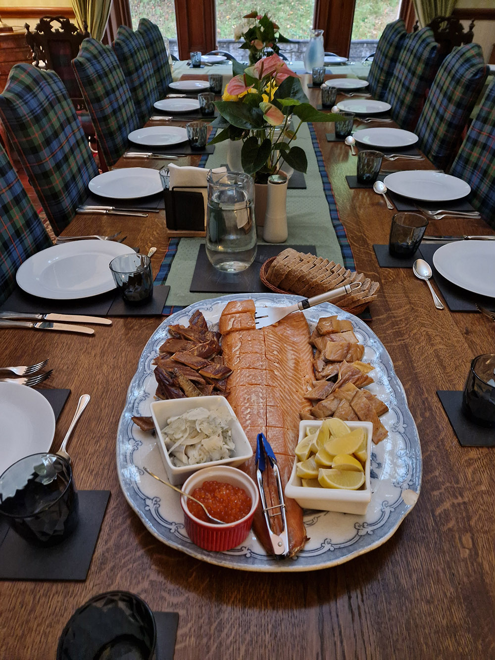 Smoked fish sharing platter with Hot Smoked Salmon, Mackerel, Pickled Herrings and Hot Smoked Trout